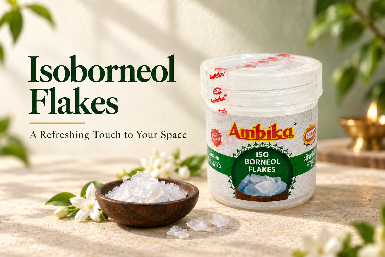 Ambika Pachai Karpooram (Bhimseni) - Isoborneol Flakes container with loose flakes, flowers and a brass lamp