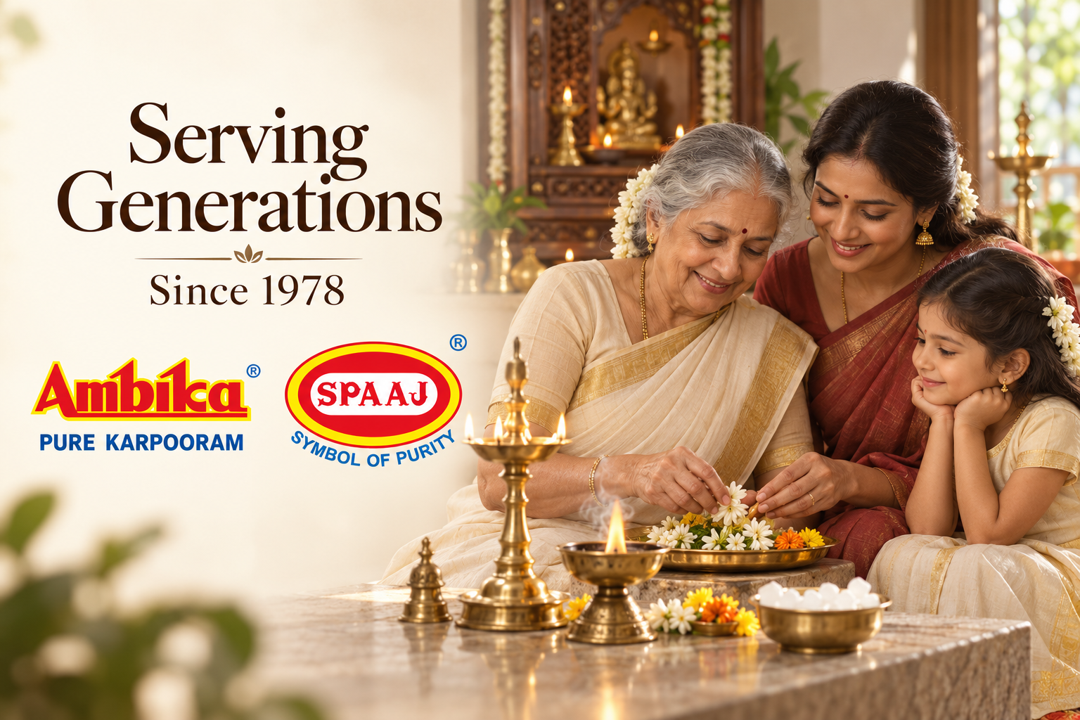 Three generations of an Indian family preparing flowers for puja beside Ambika and SPAAJ branding and the words Serving Generations Since 1978
