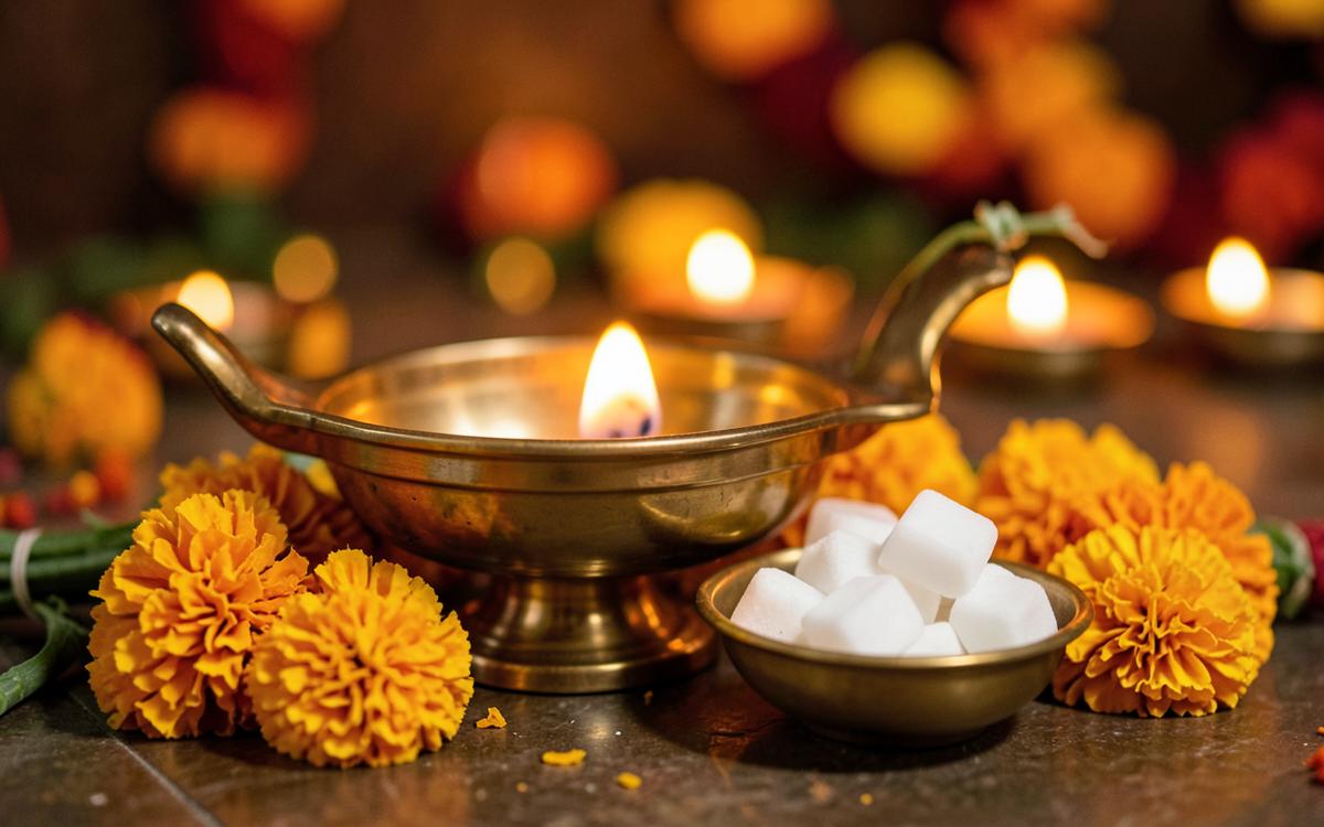 A festive Indian puja scene with a lit brass diya, marigold flowers and white karpooram cubes