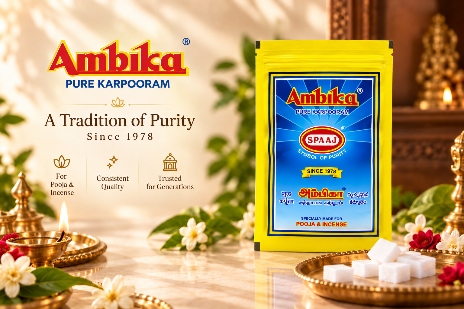 Ambika Pure Karpooram — A Tradition of Purity Since 1978, with karpooram pouch, brass diya, flowers and puja elements
